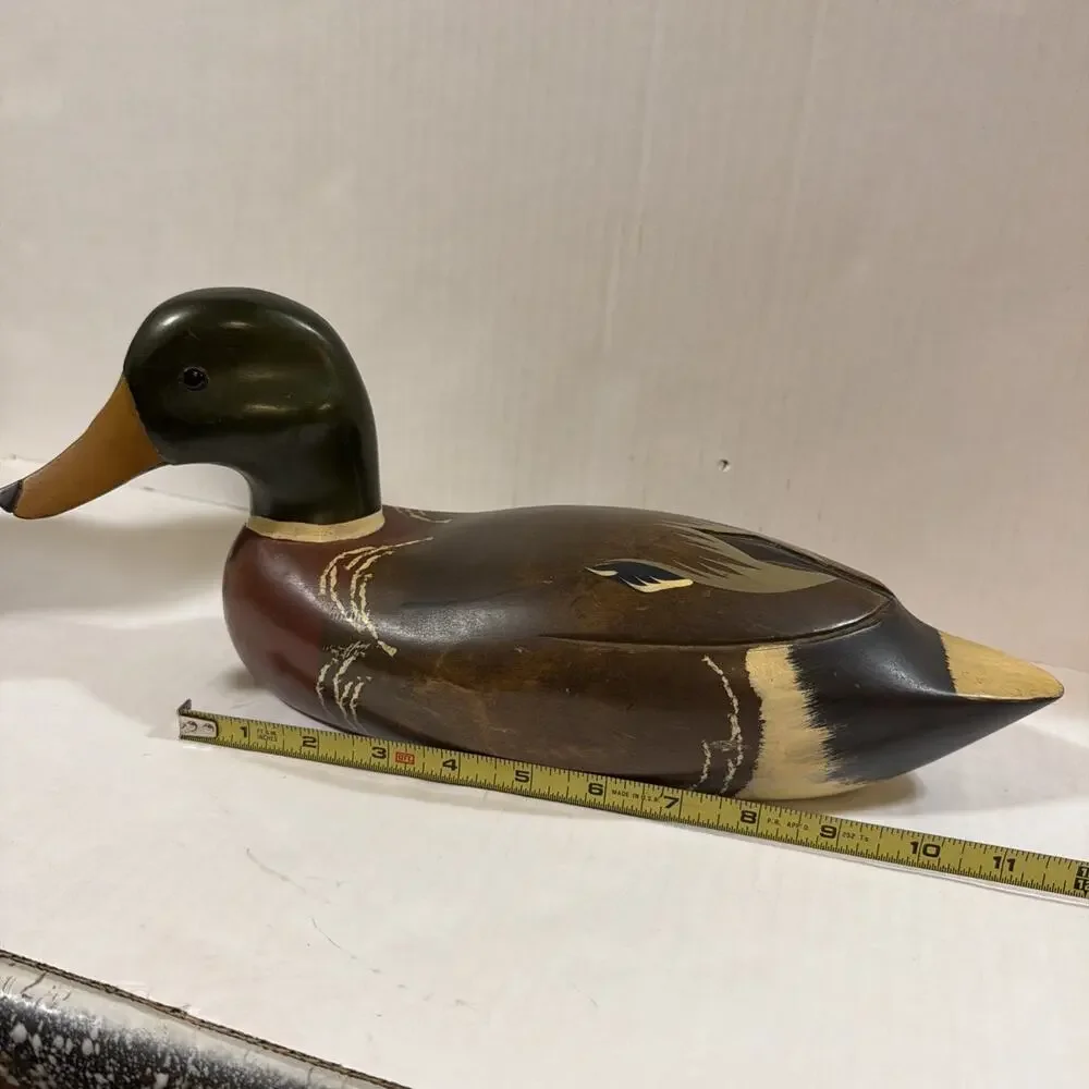 Vintage Hand-Carved Wooden Mallard 12-14” Drake Duck Decoy Decor